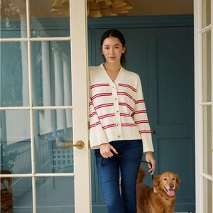 Lake Nora Cotton Cardigan in Ivory Red Stripe good condition
